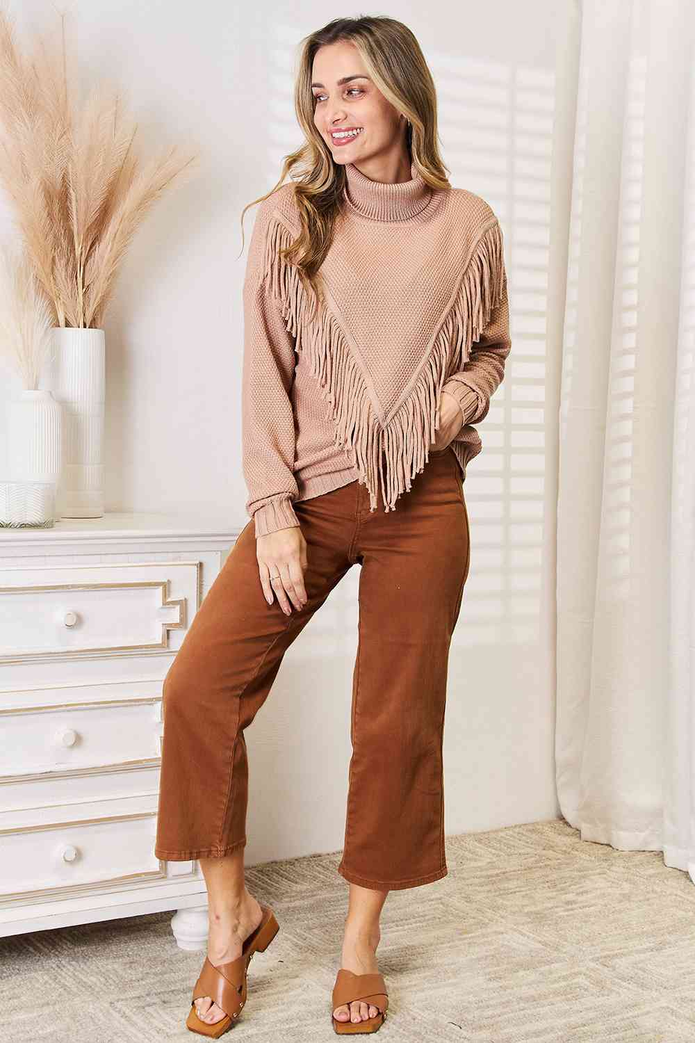 Woven Right Turtleneck Fringe Front Long Sleeve Sweater Bazaarbey