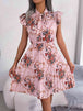 Pleated Floral Printed Tie Neck Knee Length Dress -BazaarBey - www.shopbazaarbey.com