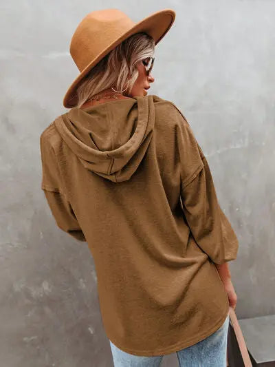 Buttoned Drop Shoulder Hoodie Bazaarbey