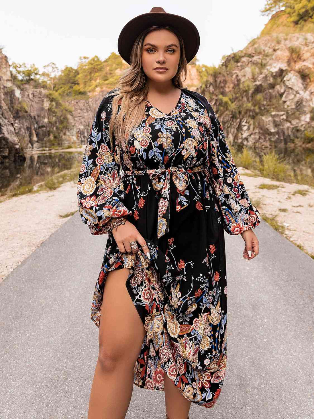 Plus Size V-Neck Long Sleeve Dress -BazaarBey - www.shopbazaarbey.com