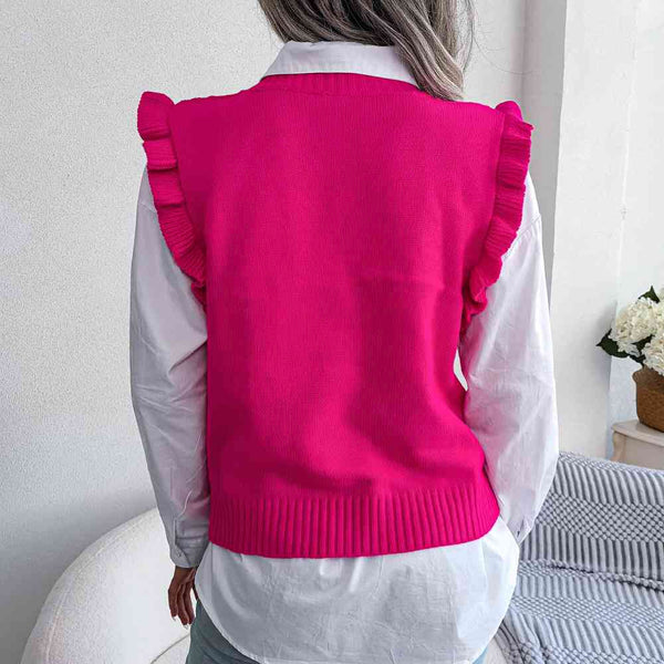 Ruffle Shoulder Ribbed Trim Sweater Vest Trendsi