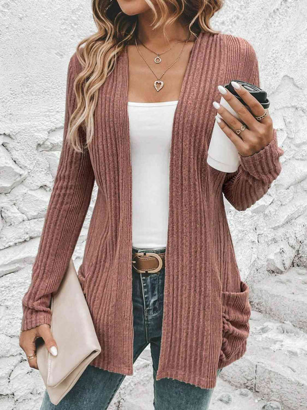 BazaarBey Ribbed Open Front Cardigan with Pockets Bazaarbey