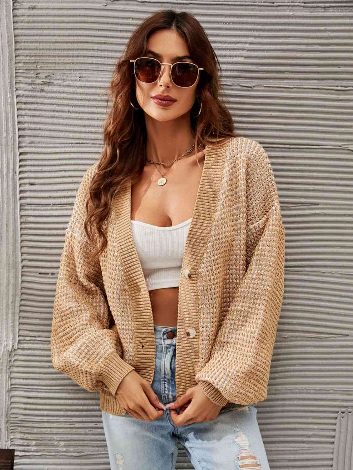 V-Neck Dropped Shoulder Cardigan Trendsi