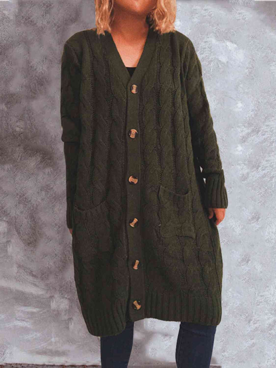Button Up Cable-Knit Cardigan with Pockets Trendsi