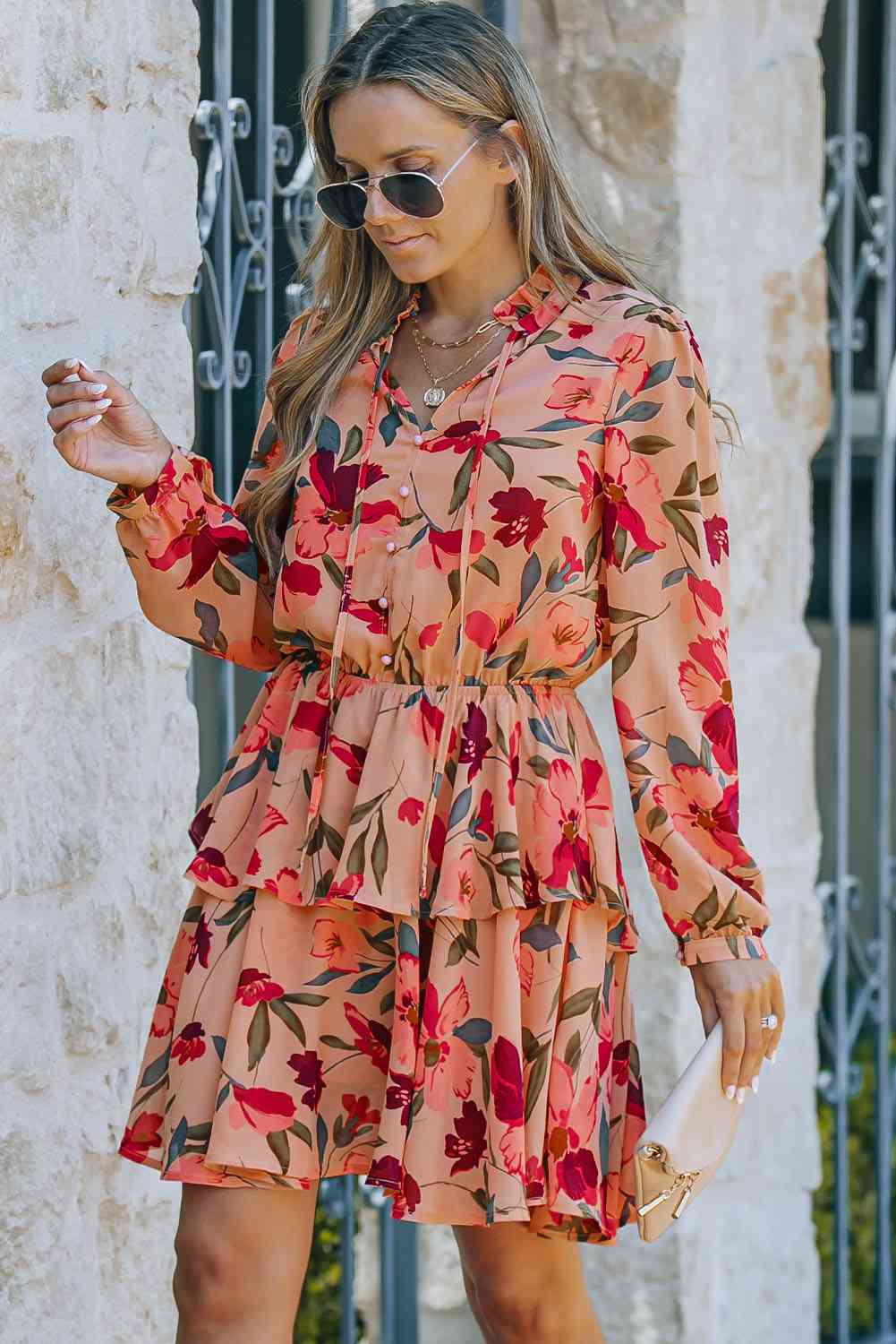 Floral Tie Neck Long Sleeve Layered Dress -BazaarBey - www.shopbazaarbey.com