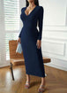 V-Neck Tie Back Long Sleeve Dress -BazaarBey - www.shopbazaarbey.com