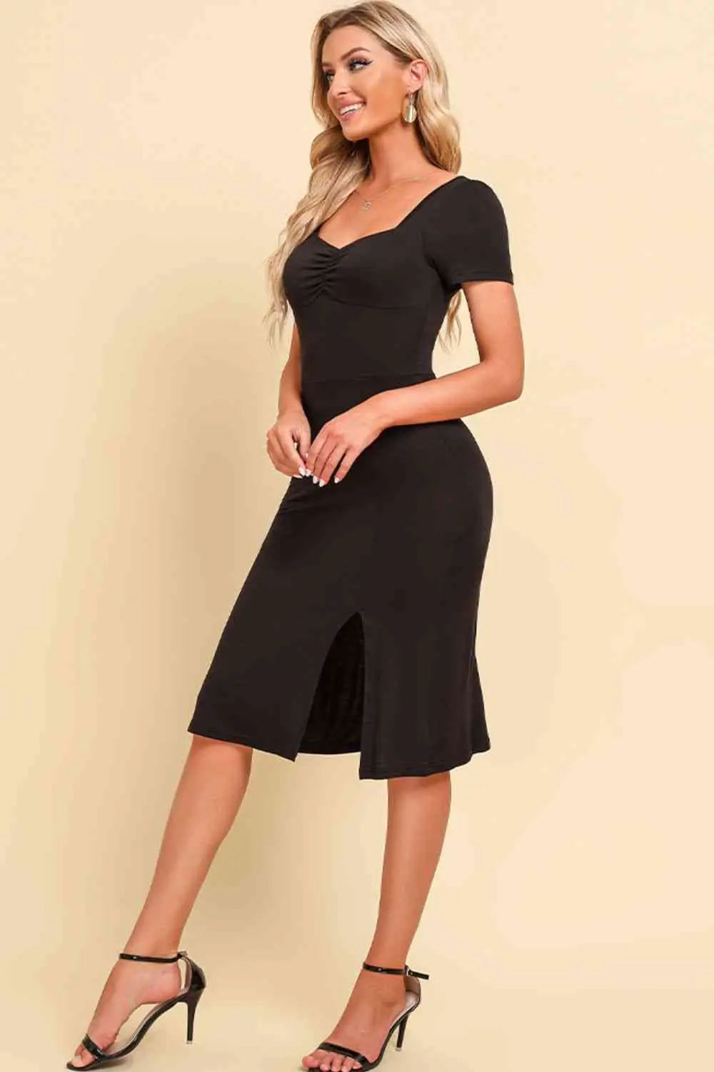 Ruched Sweetheart Neck Short Sleeve Slit Dress -BazaarBey - www.shopbazaarbey.com