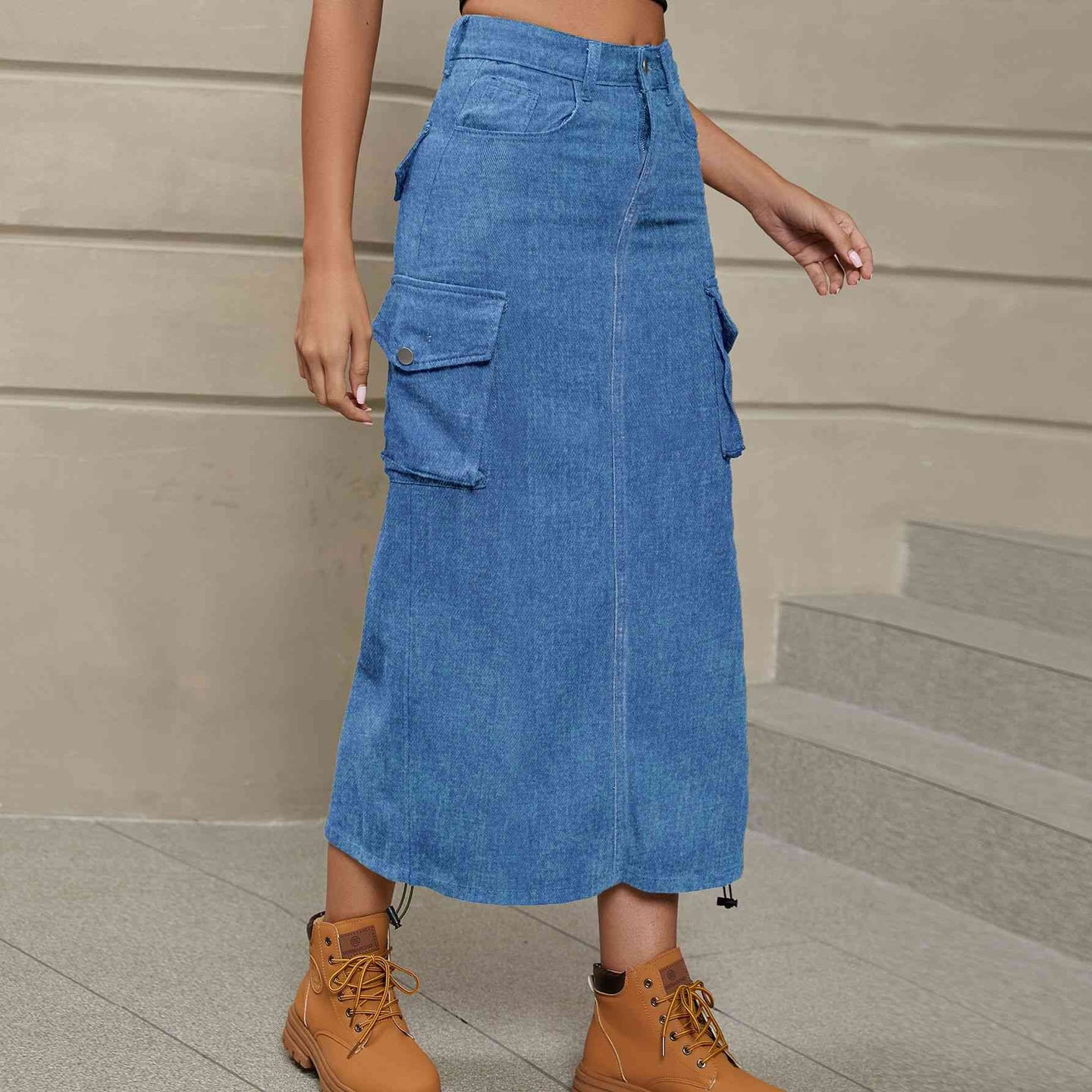 Drawstring Ruched Slit Denim Midi Skirt Bazaarbey