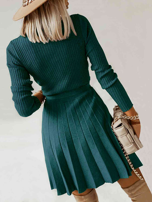 Surplice Neck Tie Front Pleated Sweater Dress Bazaarbey