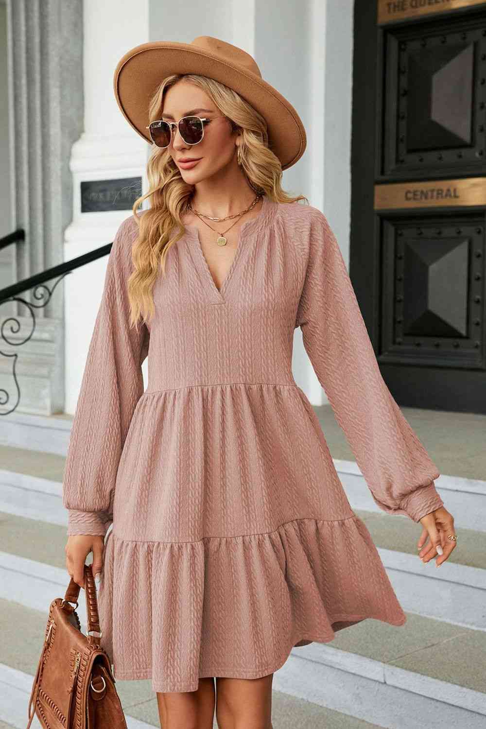 Notched Neck Long Sleeve Mini Dress Bazaarbey