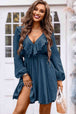 Ruffle Trim V-Neck Long Sleeve Mini Dress Bazaarbey