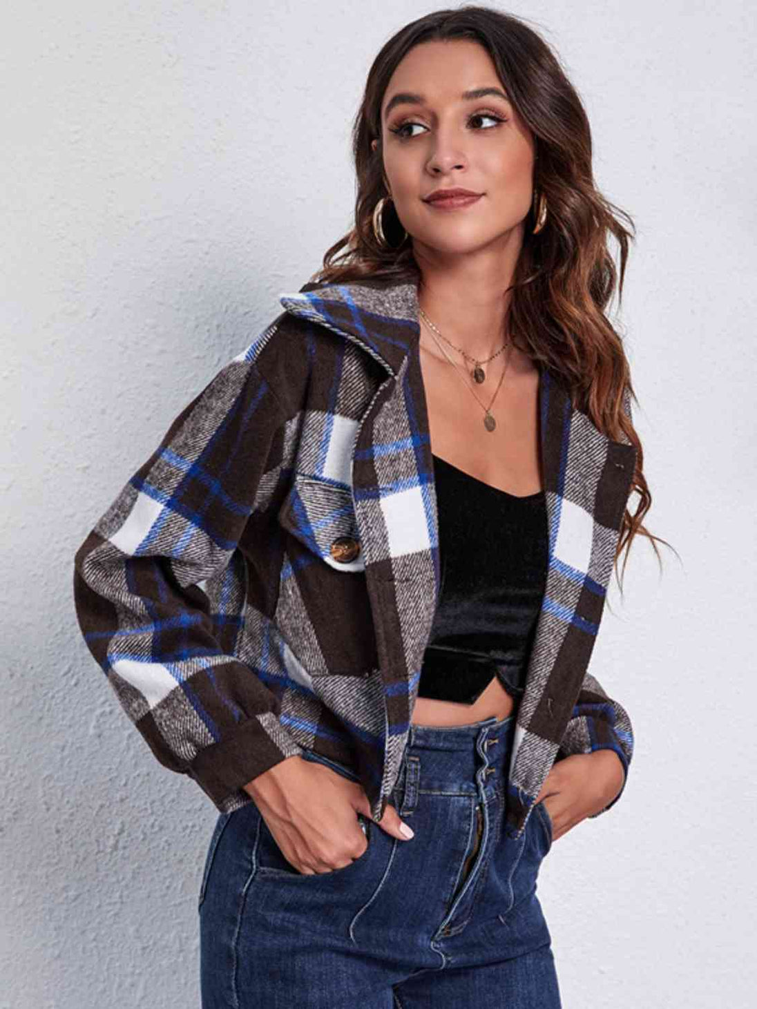 Plaid Button Front Jacket with Pockets Trendsi