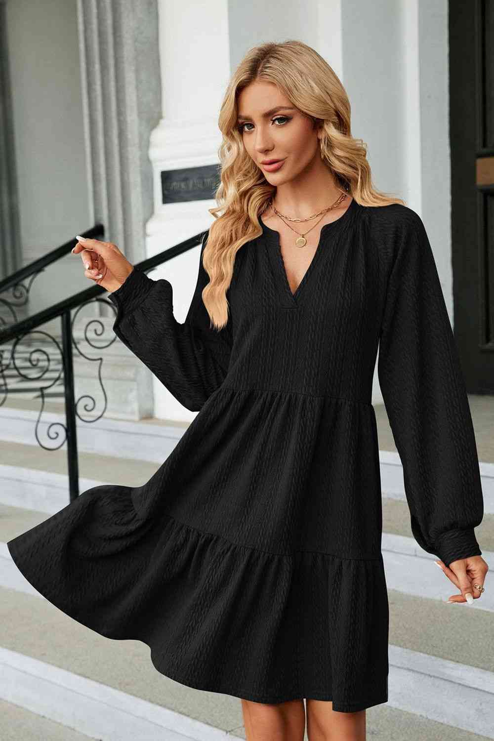 Notched Neck Long Sleeve Mini Dress Bazaarbey