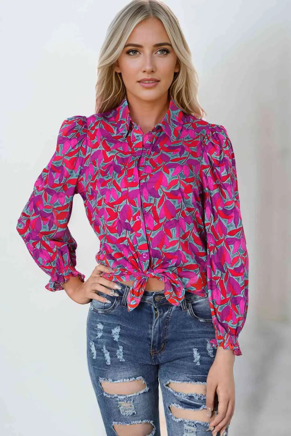 Printed Collared Neck Long Sleeve Shirt Bazaarbey