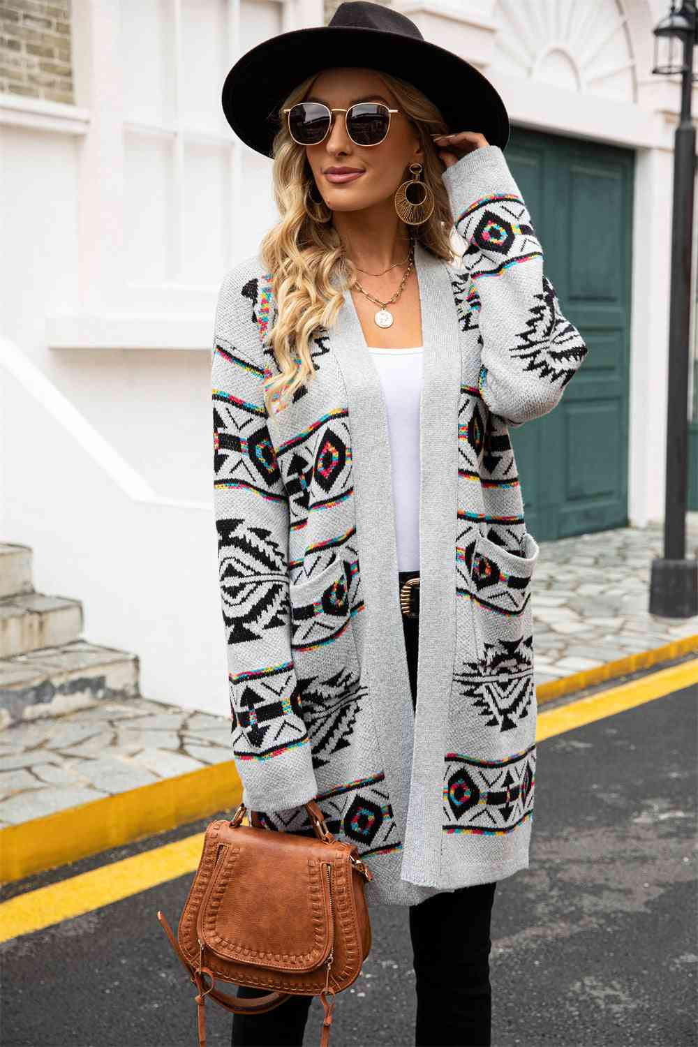 Printed Long Sleeve Cardigan with Pocket Bazaarbey