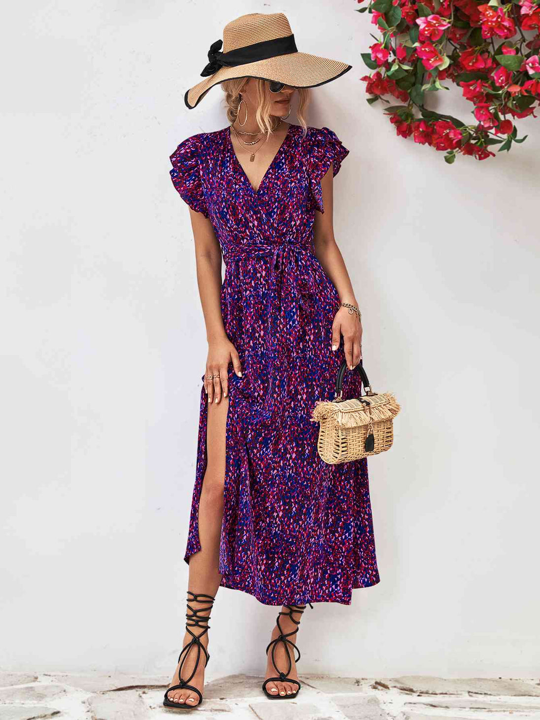 Printed  Neck Flutter Sleeve Slit Dress -BazaarBey - www.shopbazaarbey.com