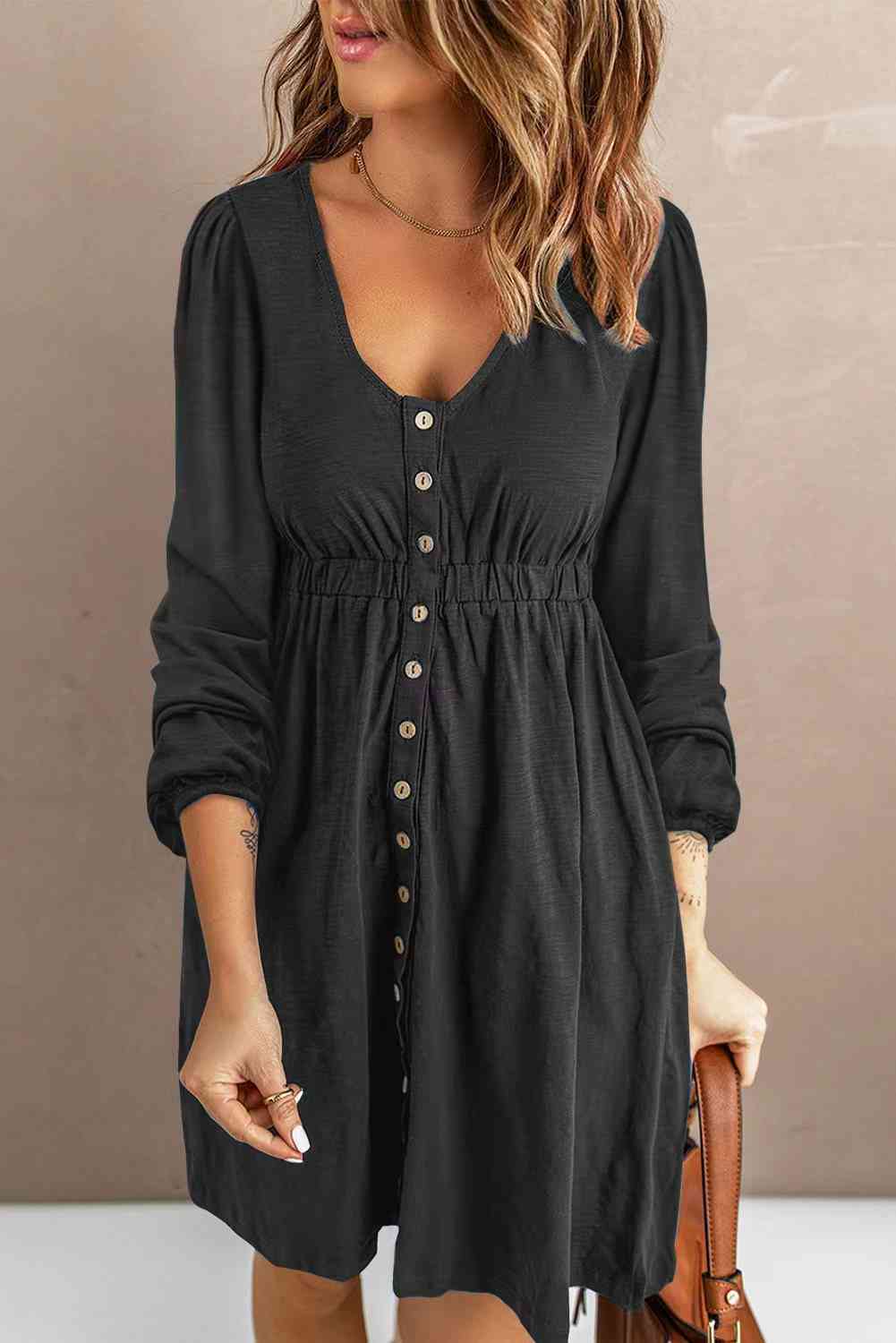 Scoop Neck Empire Waist Long Sleeve Mini Dress -BazaarBey - www.shopbazaarbey.com