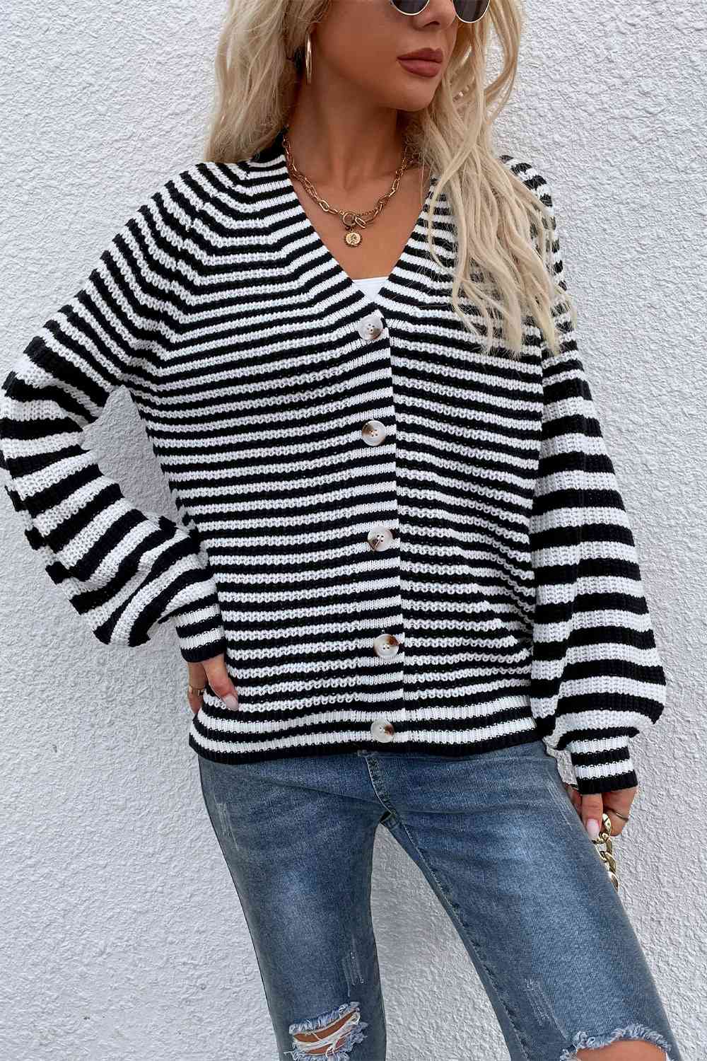 Striped V-Neck Button-Down Cardigan Trendsi