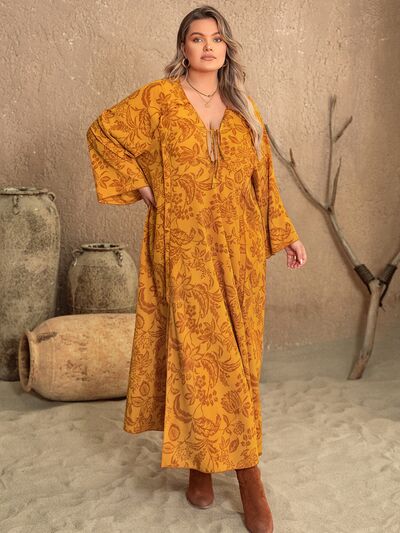 Plus Size Printed Slit Long Sleeve Dress Bazaarbey