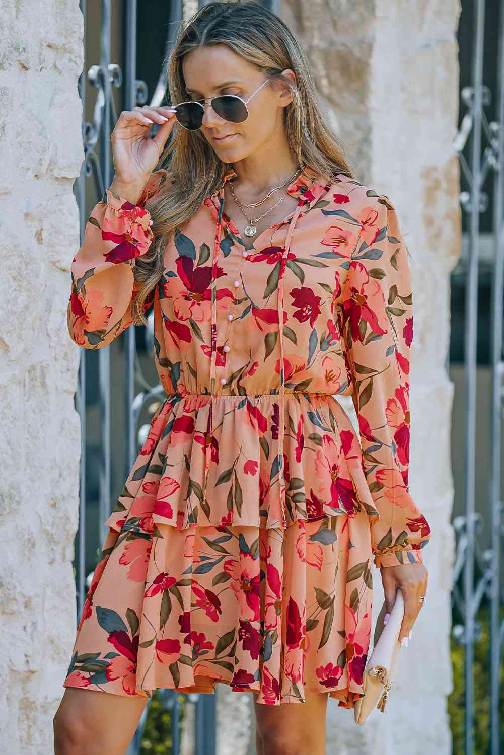 Floral Tie Neck Long Sleeve Layered Dress -BazaarBey - www.shopbazaarbey.com