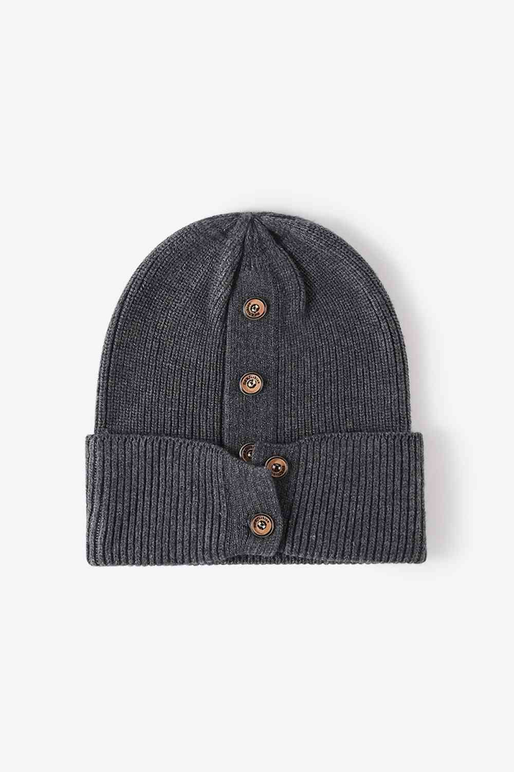 Button Detail Rib-Knit Cuff Beanie Trendsi