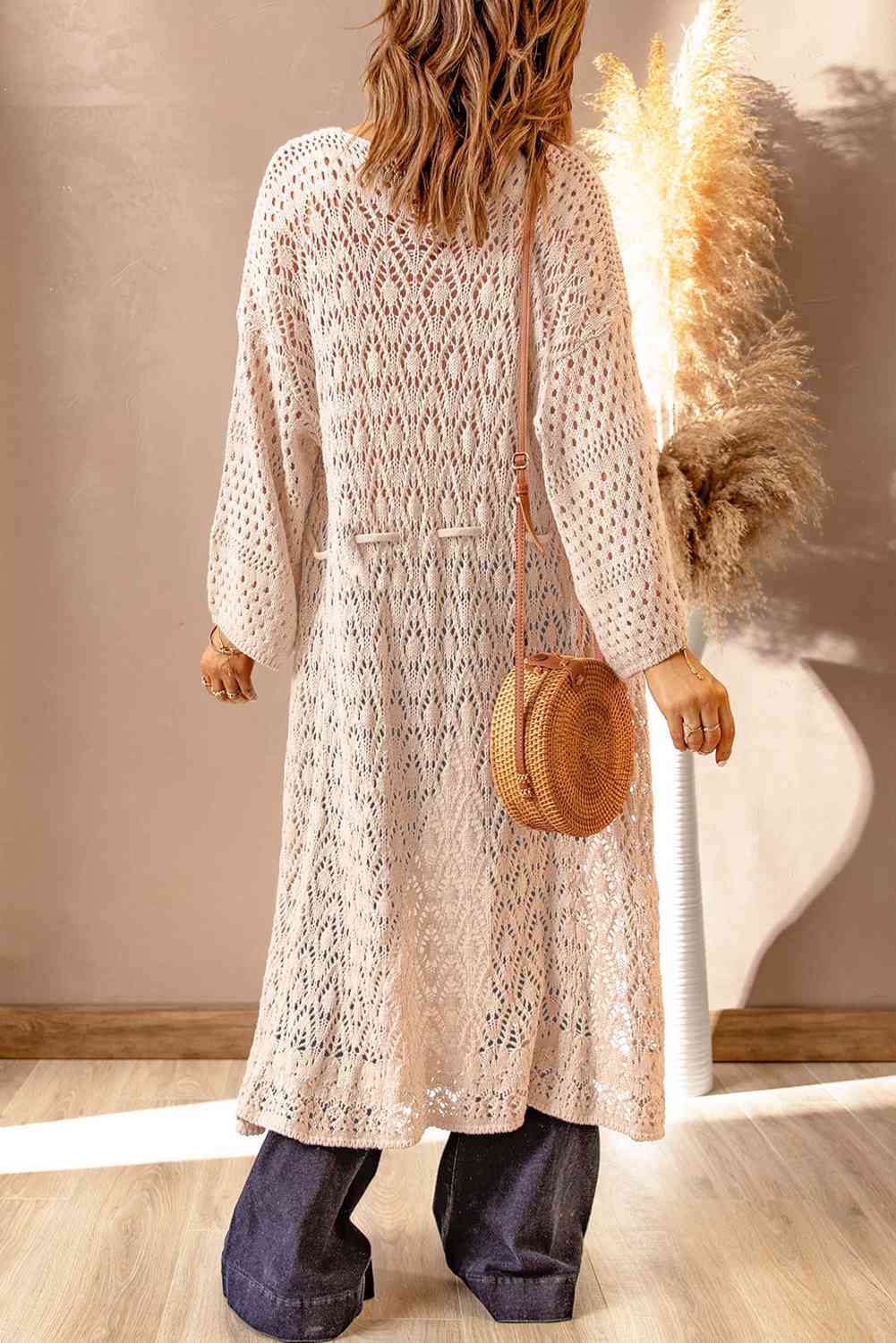 Dropped Shoulder Long Sleeve Crochet Duster Cardigan Trendsi