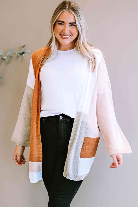 Plus Size Color Block Open Front Longline Cardigan Bazaarbey