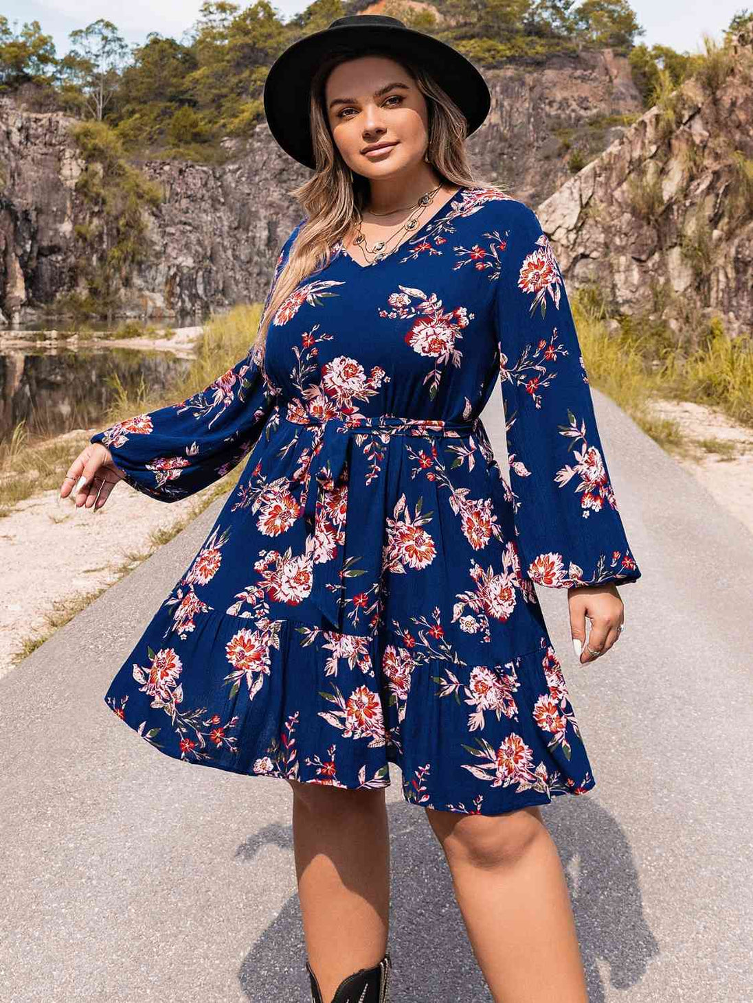 Plus Size V-Neck Long Sleeve Dress -BazaarBey - www.shopbazaarbey.com