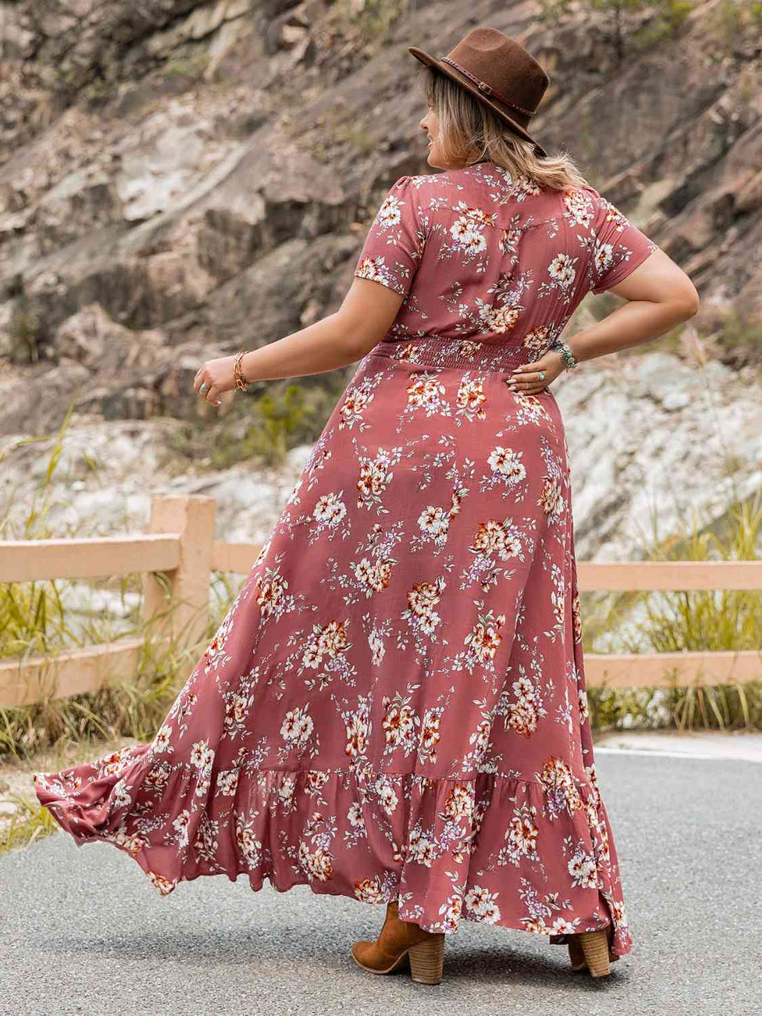 Plus Size Floral Slit Ruffle Hem Dress Bazaarbey