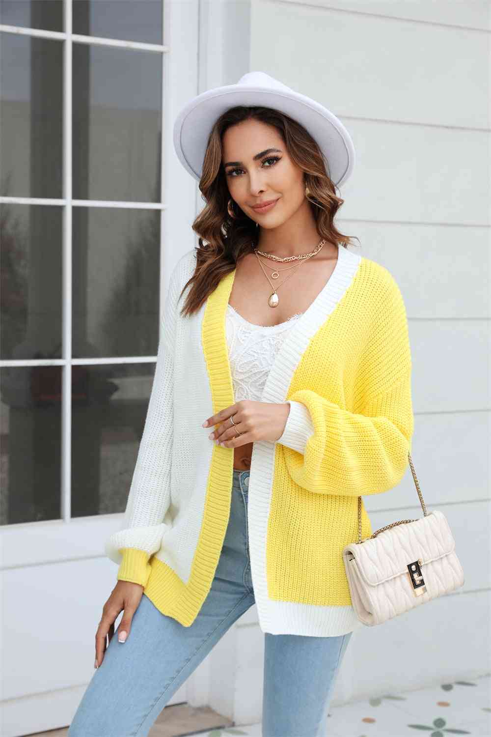 Open Front Contrast Color Balloon Sleeve Cardigan Trendsi