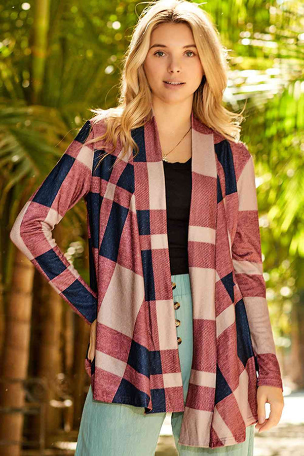 BazaarBey Plaid Open Front Cardigan Trendsi