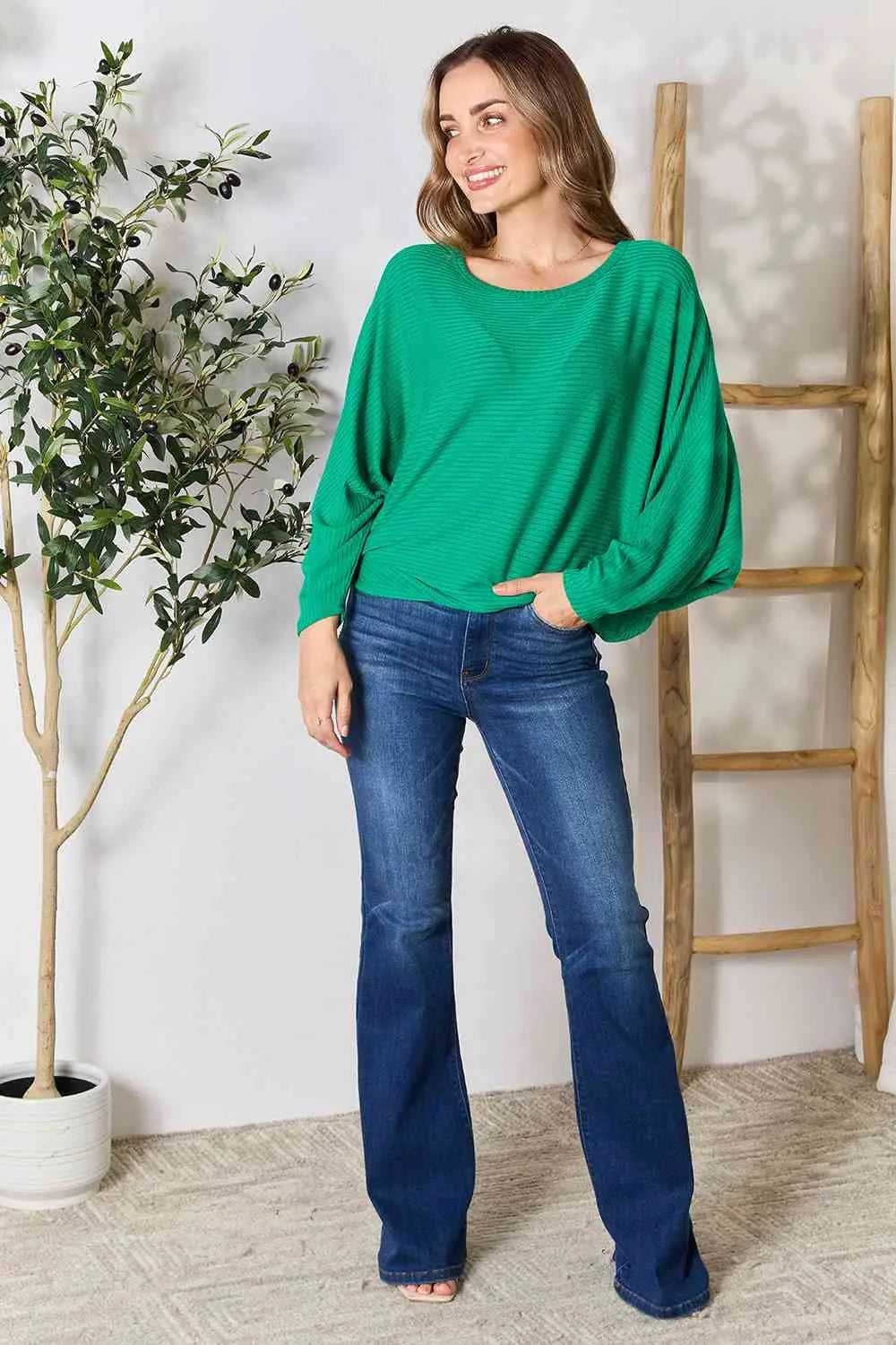 Zenana Full Size Round Neck Batwing Sleeve Blouse Trendsi