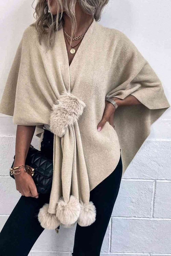 Surplice Neck Pom-Pom Trim Poncho Bazaarbey