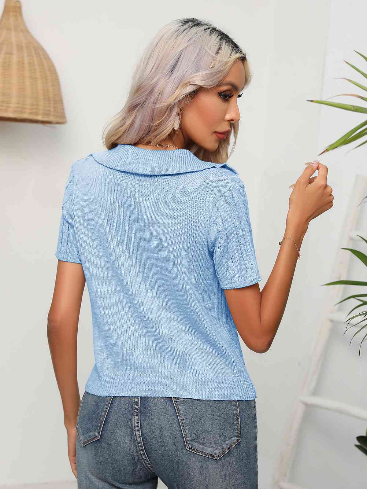 Cable-Knit  Short Sleeve Knit Top Trendsi