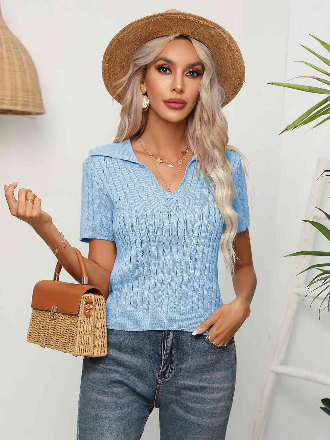 Cable-Knit  Short Sleeve Knit Top Trendsi