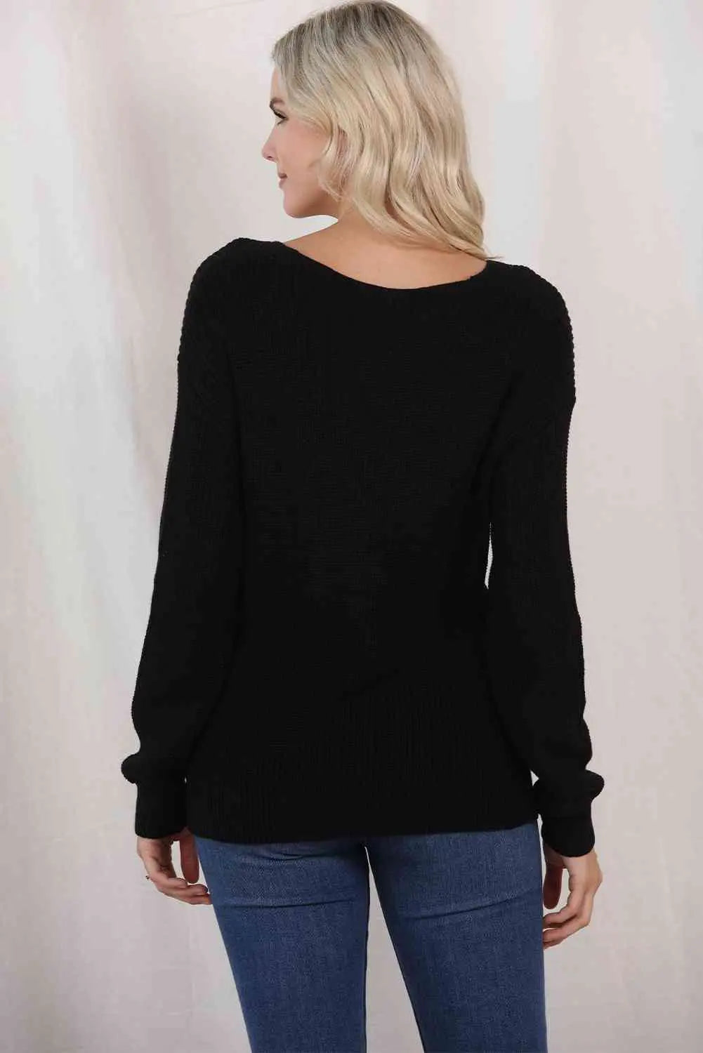 V-Neck Long Sleeve Knit Top Trendsi