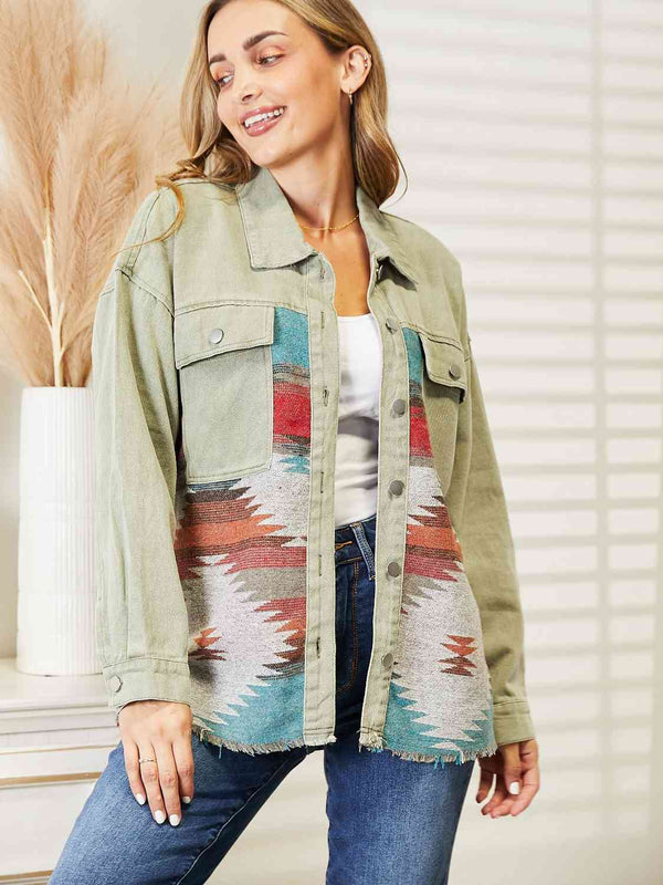 Dropped Shoulder Long Sleeve Printed Denim Jacket Bazaarbey