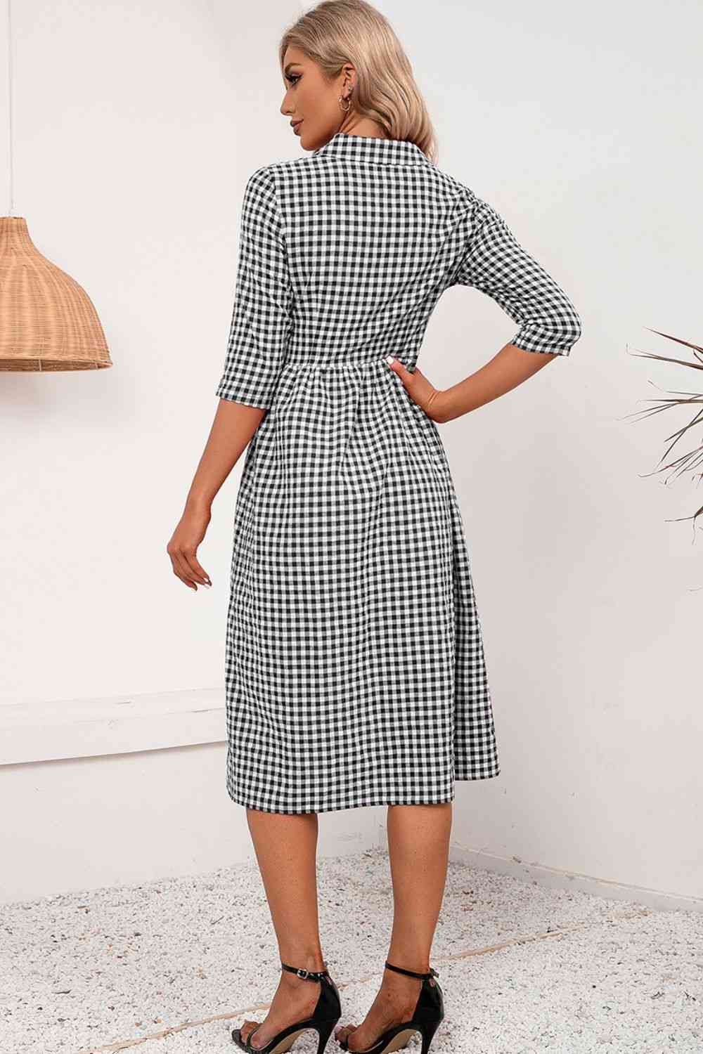 Plaid Collared Neck Midi Dress -BazaarBey - www.shopbazaarbey.com