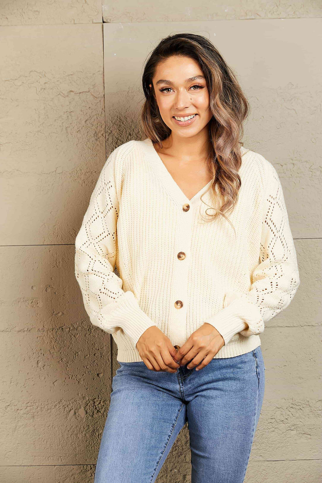 Woven Right Button Front Ribbed Lantern Sleeve Cardigan Trendsi