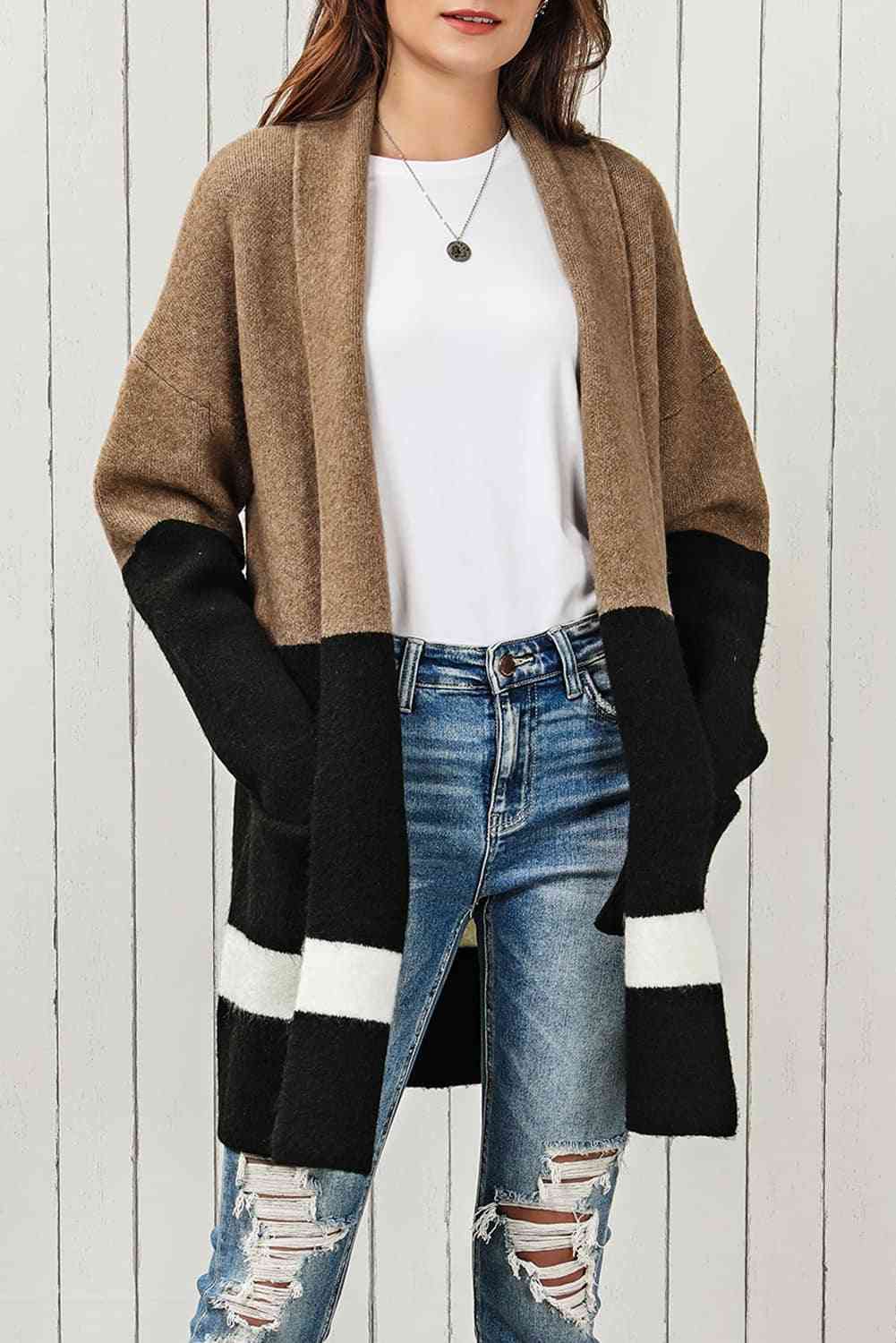 Color Block Dropped Shoulder Longline Cardigan Trendsi