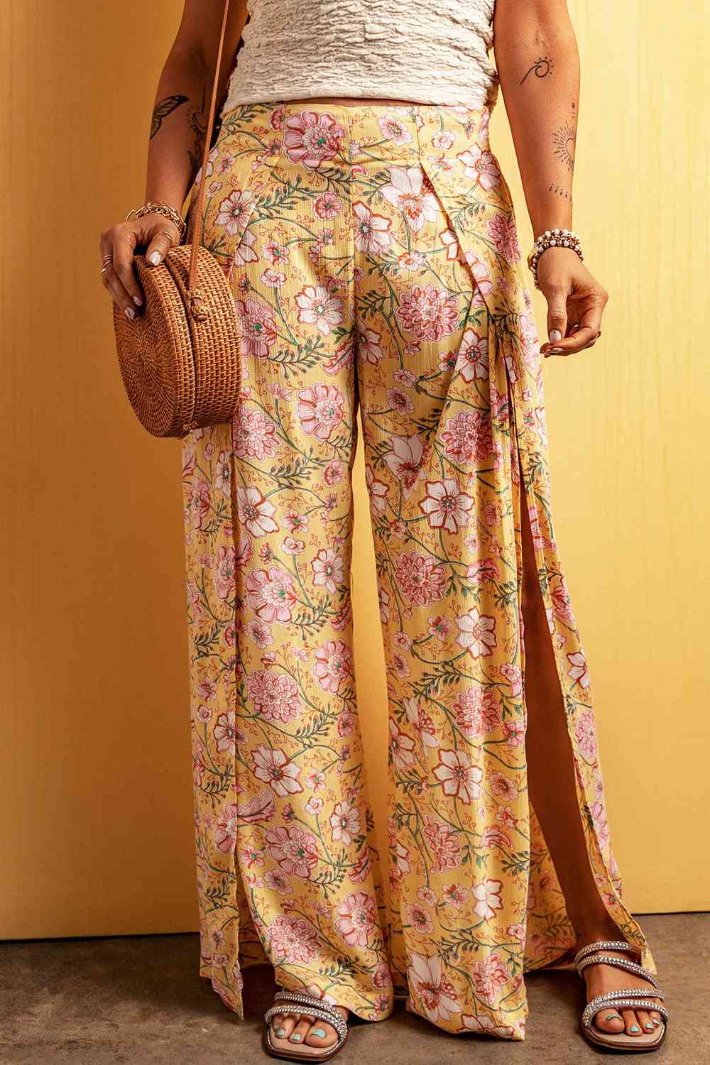 Floral Slit Wide Leg Pants Bazaarbey