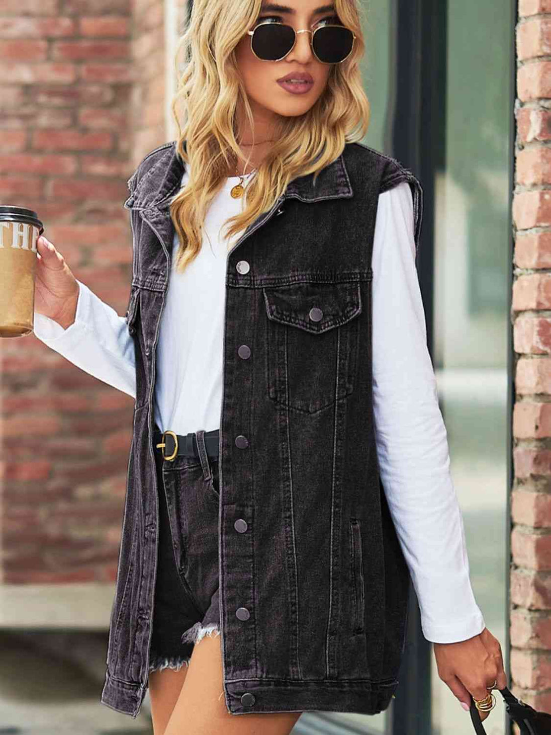 Collared Neck Sleeveless Denim Top with Pockets Bazaarbey