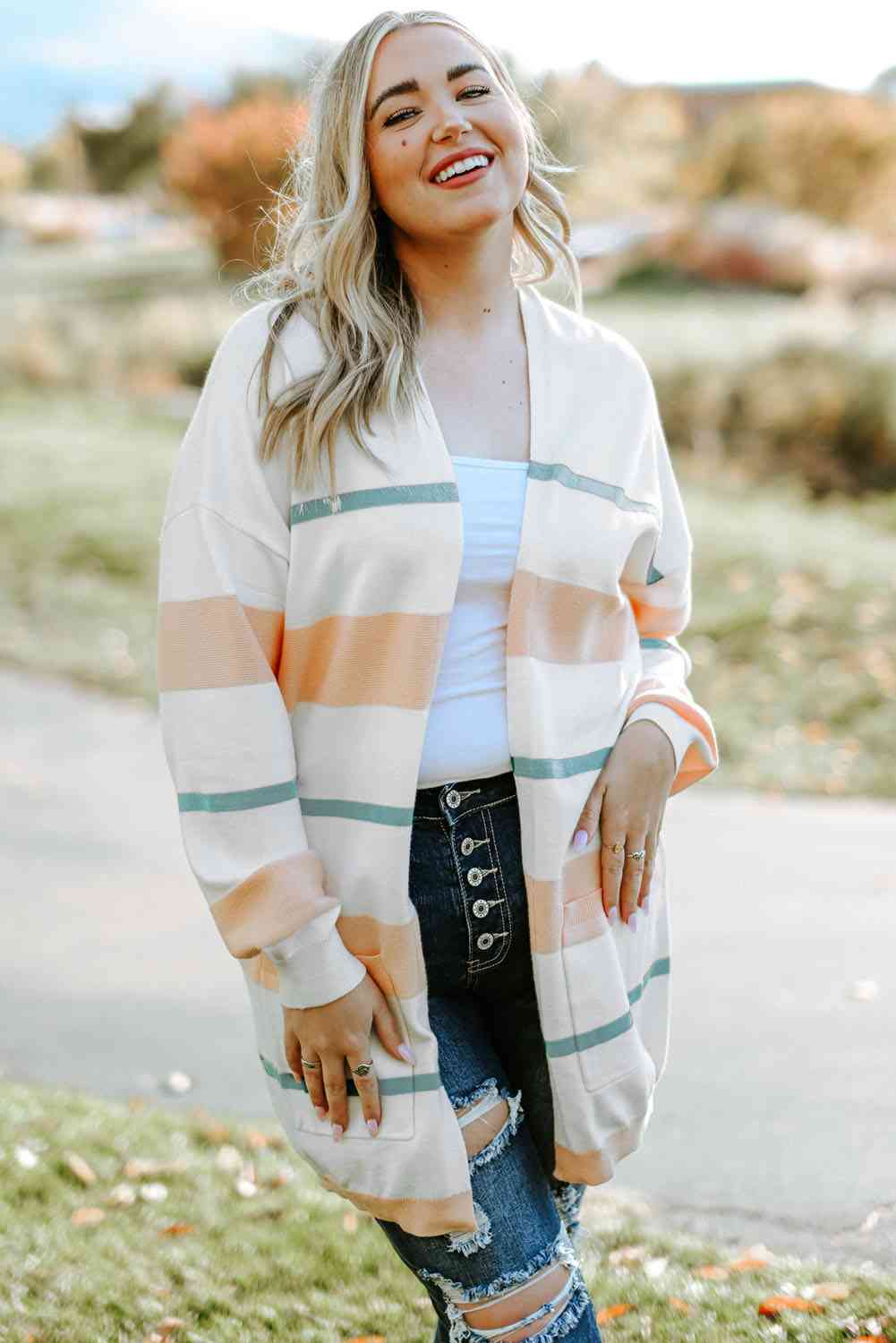  Striped Open Front Cardigan Trendsi