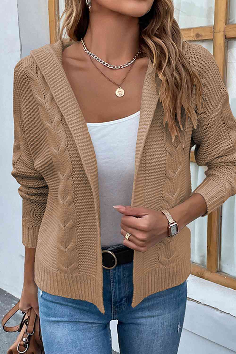 Cable-Knit Dropped Shoulder Hooded Cardigan Bazaarbey