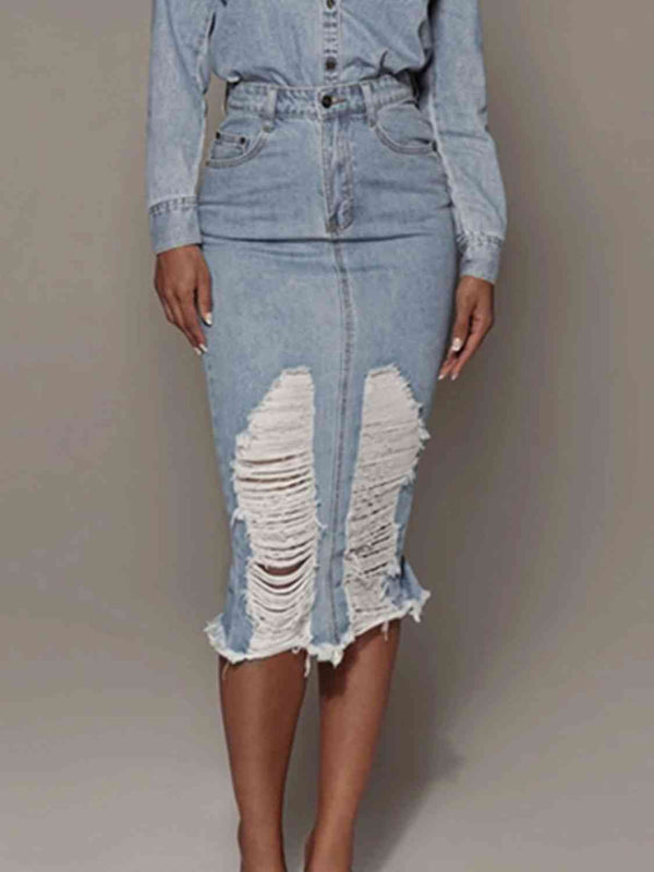 Distressed Slit Denim Skirt Trendsi