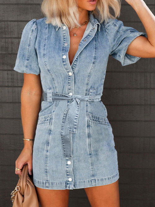 Puff Sleeve Button Up Mini Denim Dress Bazaarbey