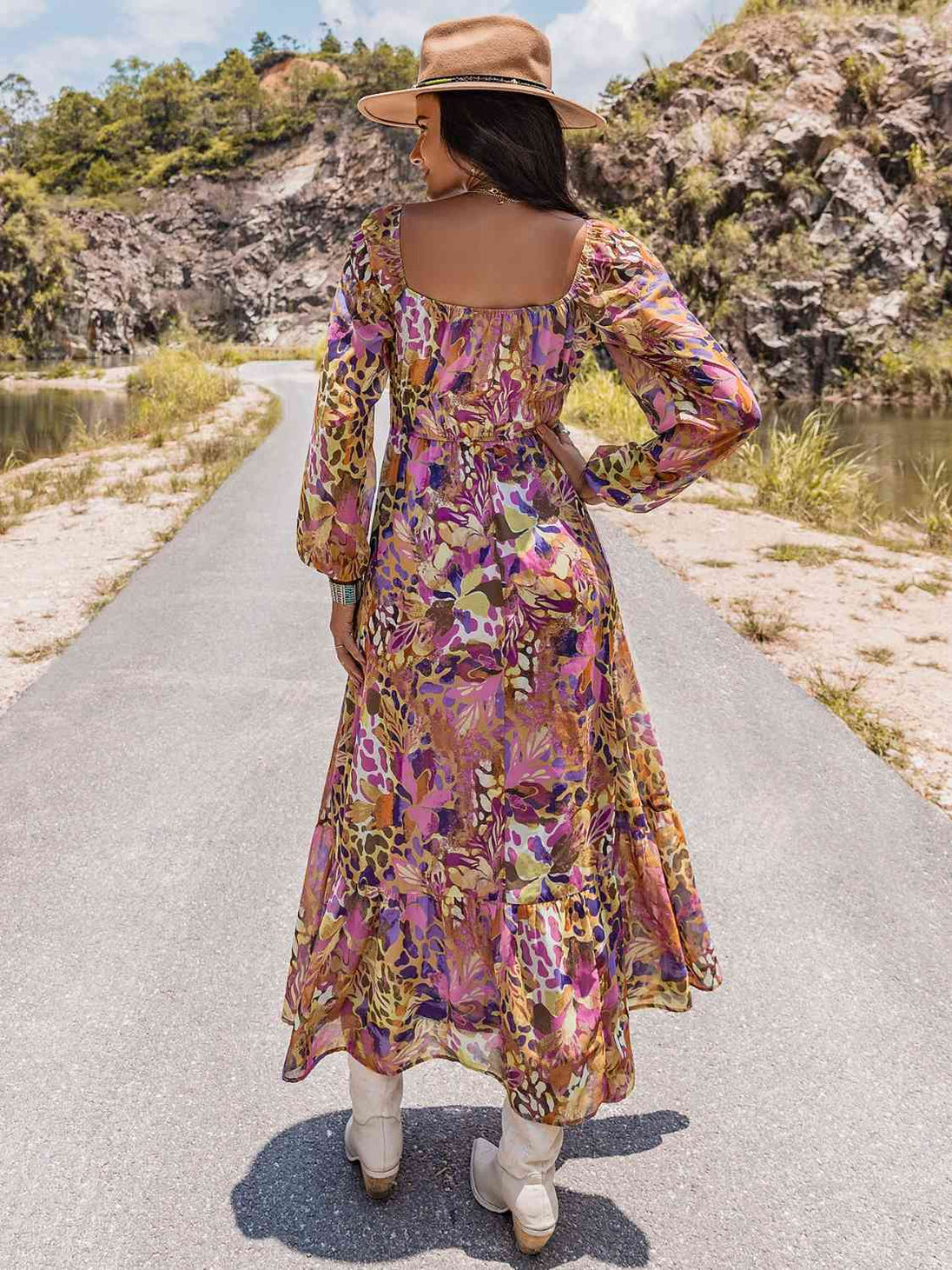 Printed V-Neck Long Sleeve Dress -BazaarBey - www.shopbazaarbey.com