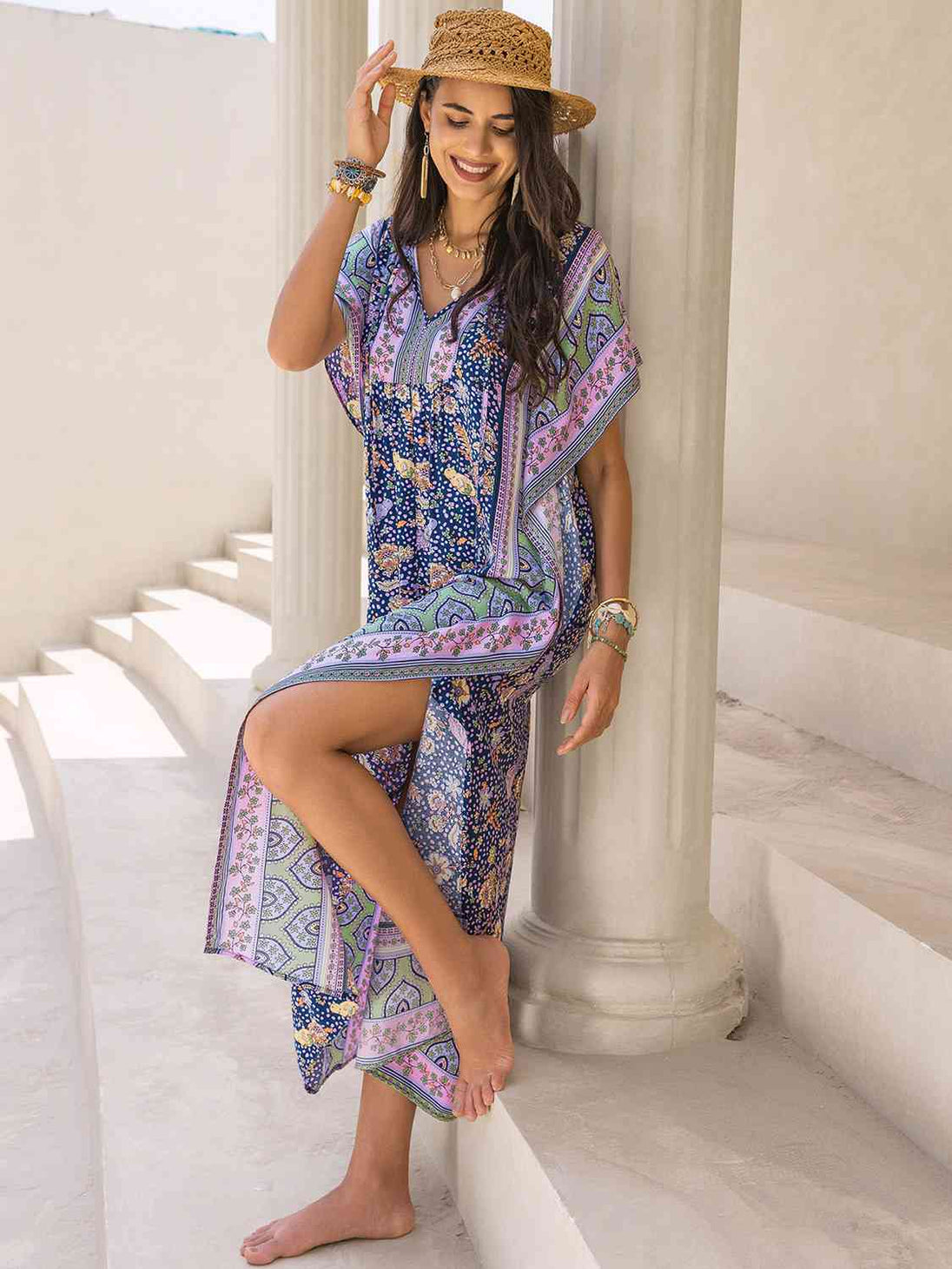 V-Neck Printed Slit Maxi Dress Bazaarbey