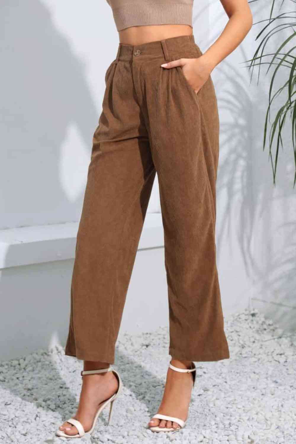 Buttoned  Straight Hem Long Pants Bazaarbey