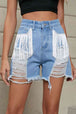 Fringe Trim Distressed Denim Shorts with Pockets Bazaarbey